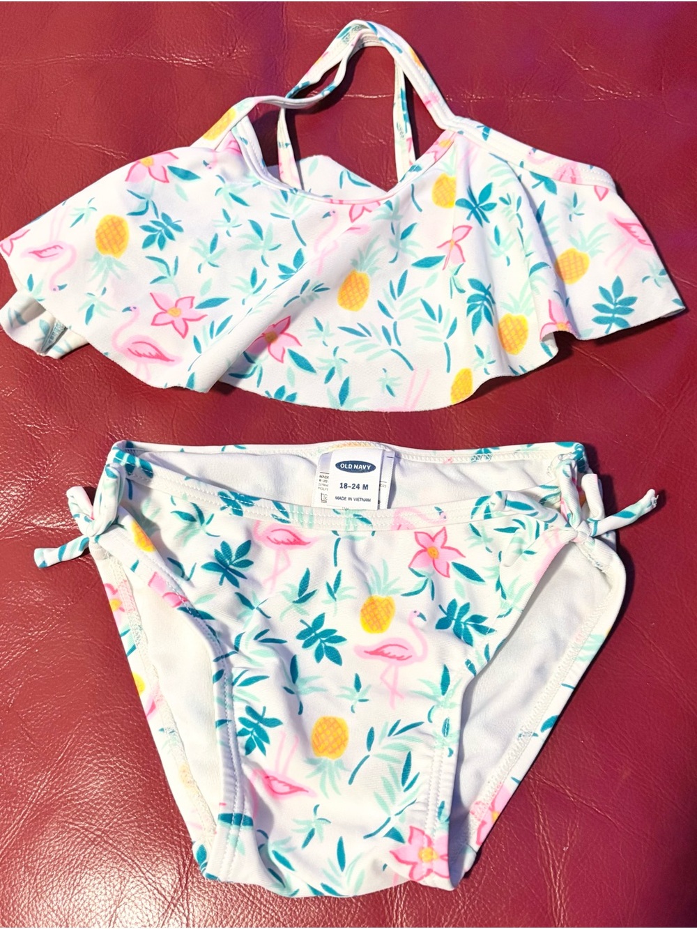 Old Navy White Pineapple & Pink Flamingo Ruffle Two-Piece Swim Set